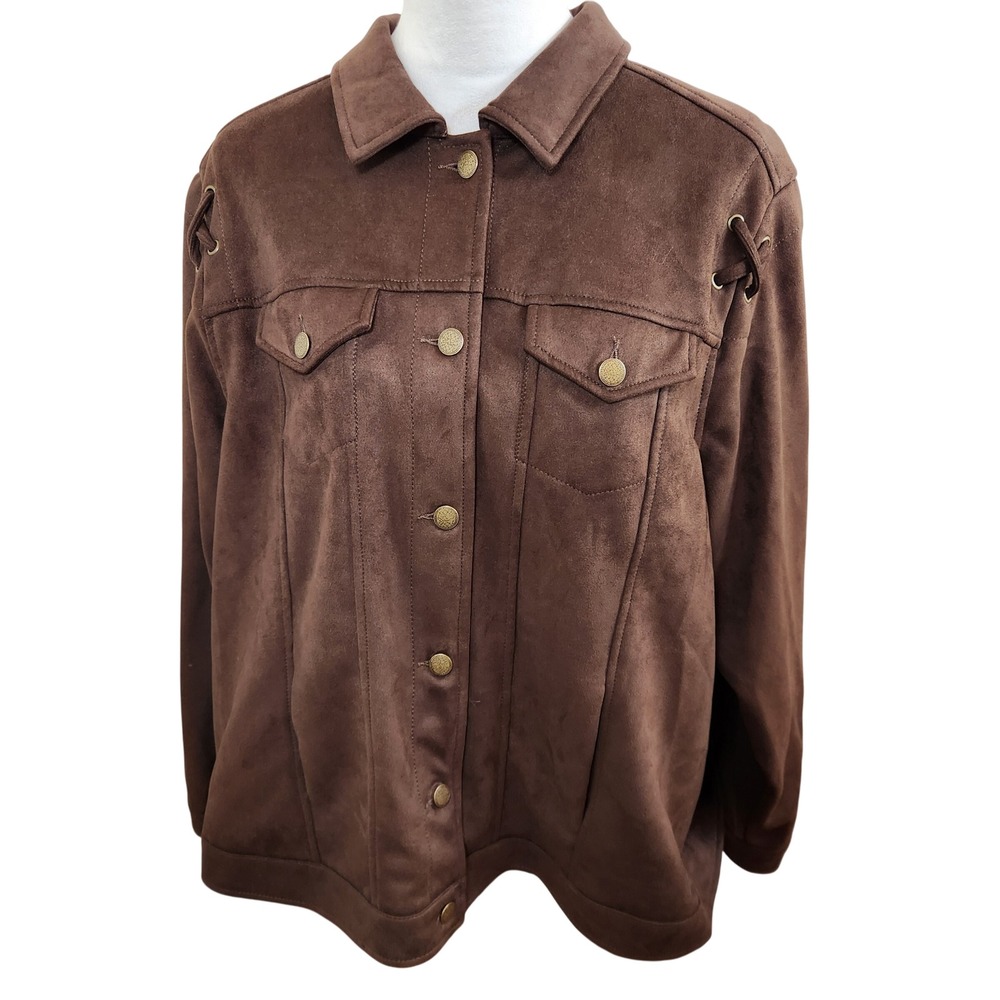 Skye's The Limit‎ Woman Brown Faux Suede Trucker Jacket Lace Up Detail Size 3X